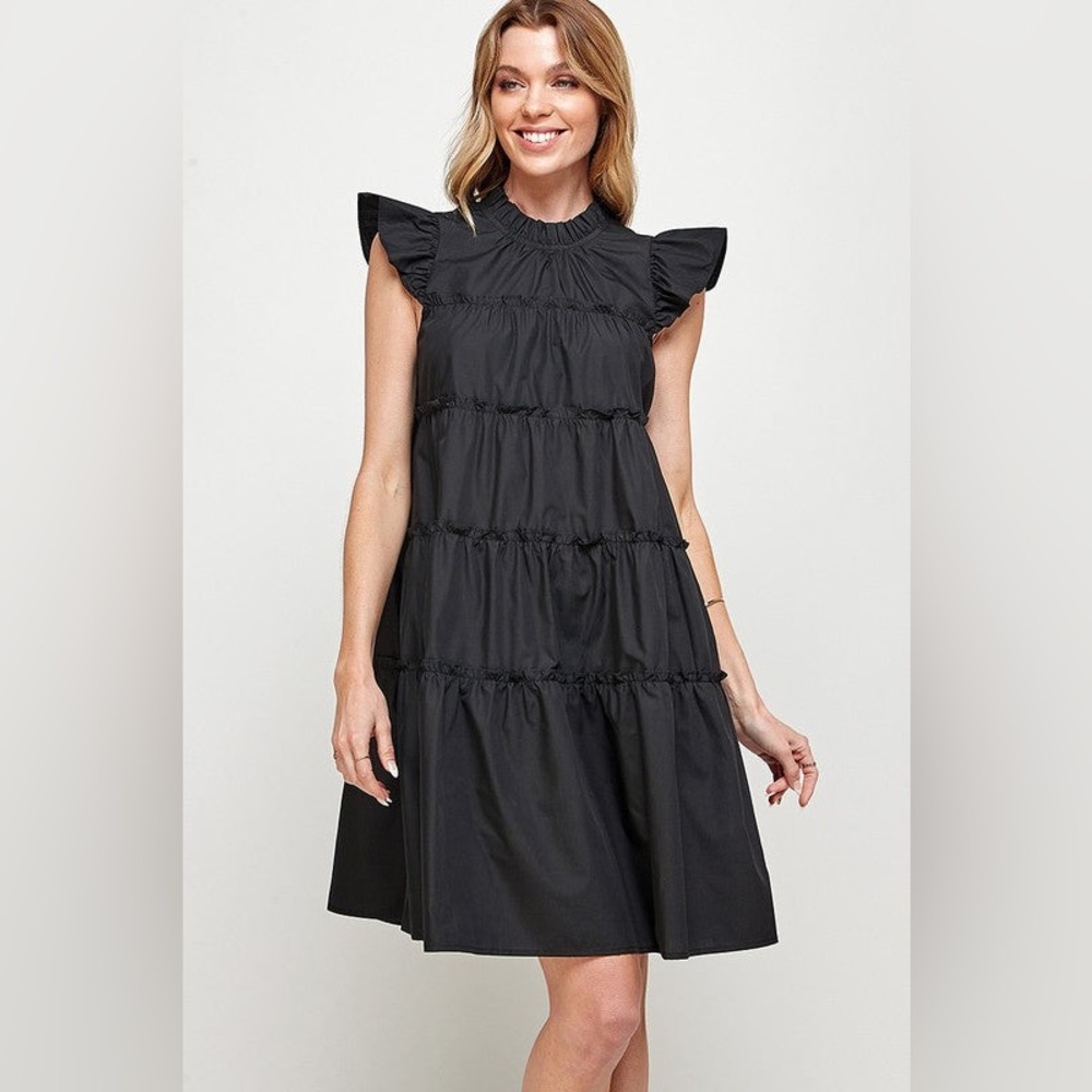 Black Ruffle Sleeve Tiered Mini Dress